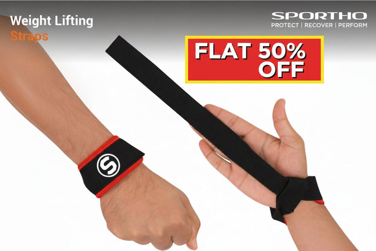 Weight lifting straps with a promotional offer on a white background