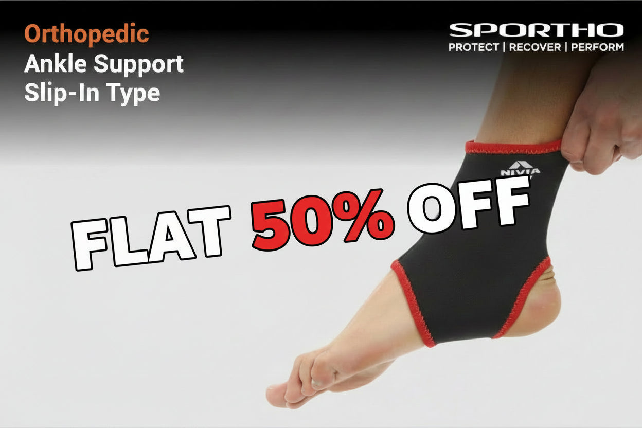 Black orthopedic ankle support with red accents on a foot, against a gray background with promotional text.