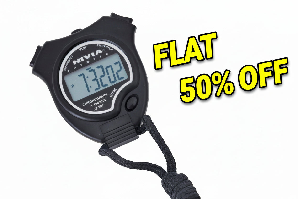 Black Nivia stopwatch with digital display on a white background