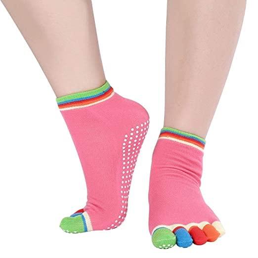 Women's Cotton Anti Slip Five Finger Yoga & Gym Ankle Length Printed Socks with No Fall Grip Under Pack of 1 Pair